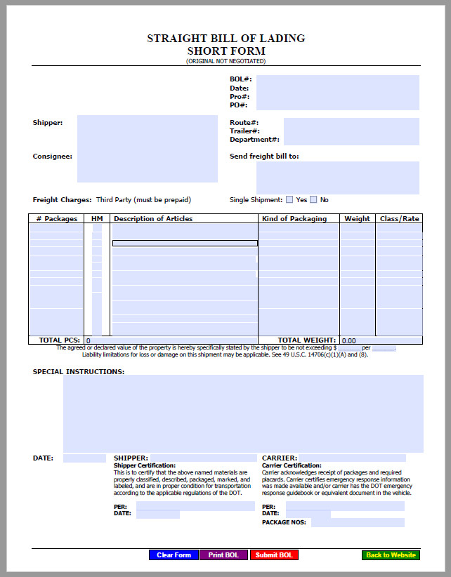 Free Printable Straight Bill Of Lading Form