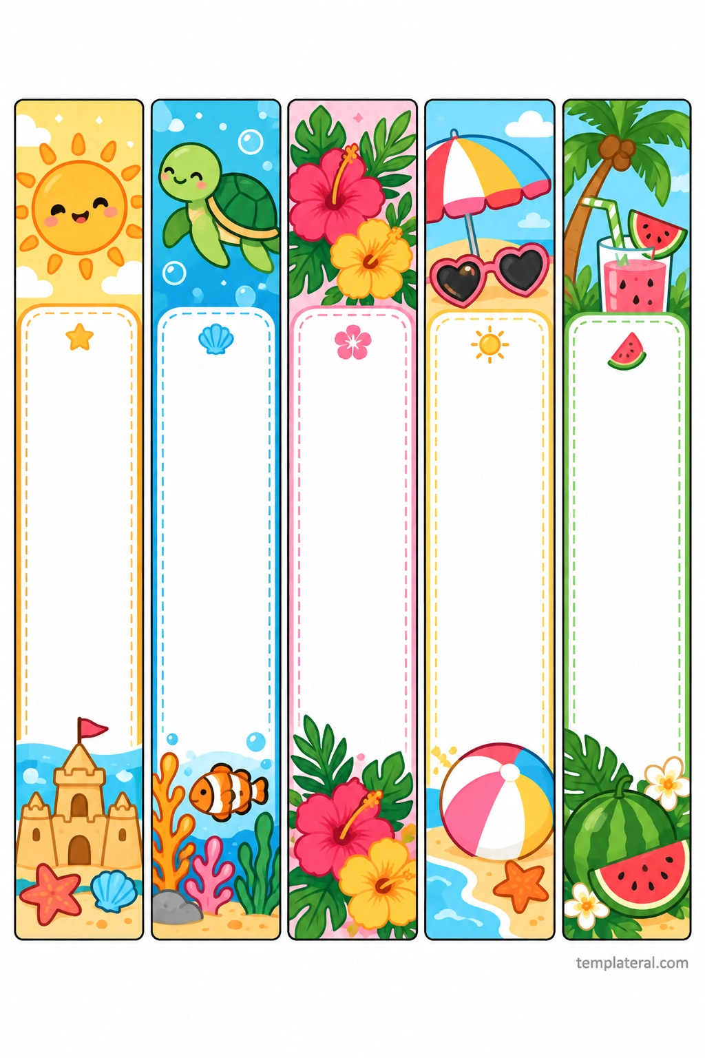Summer Bookmark Template Printable summer bookmark template with smiling sun, sea turtle, tropical flowers, beach umbrella, and watermelon designs