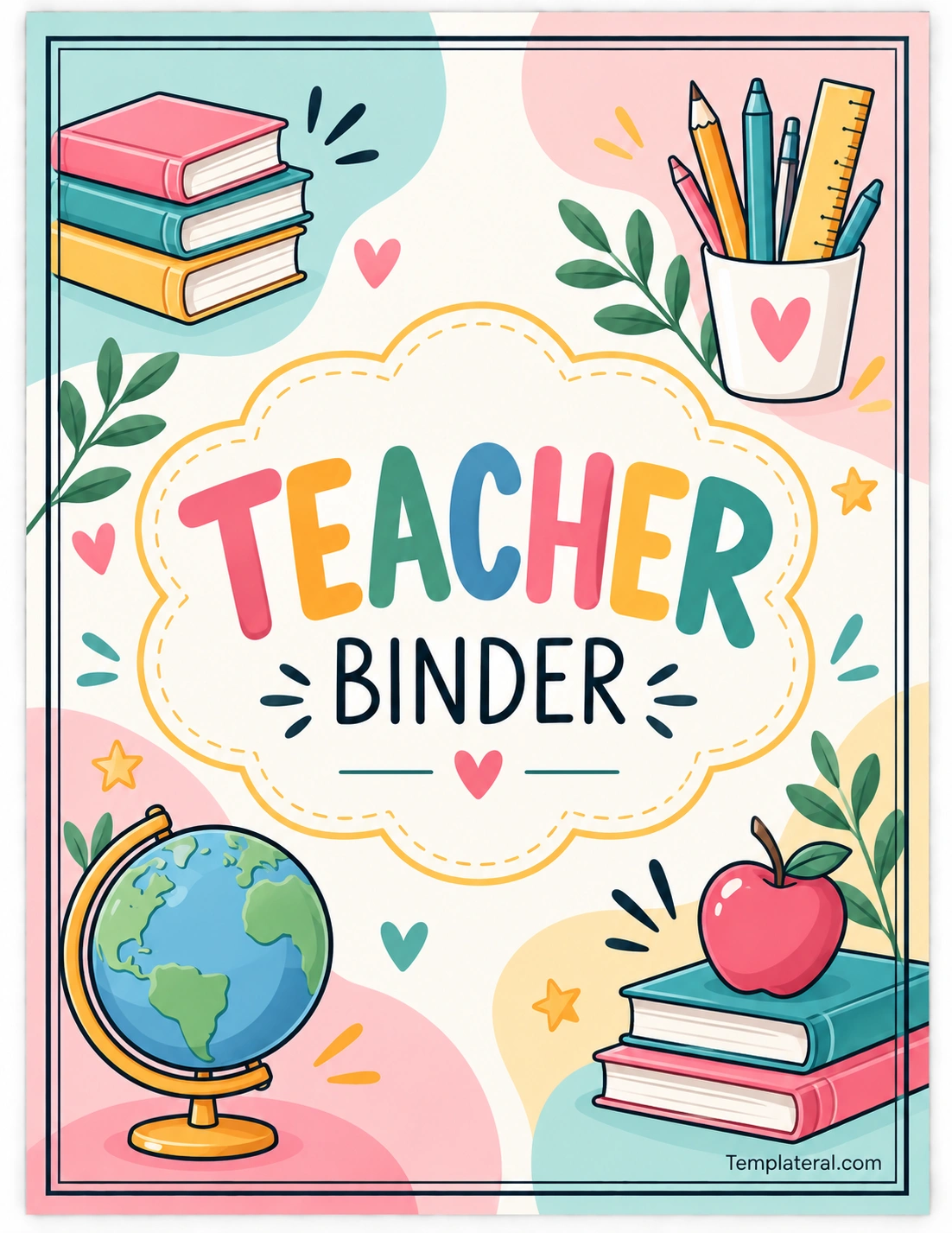 Teacher Binder Cover Template Printable Teacher Binder Cover Template with books pencils apple and classroom illustrations
