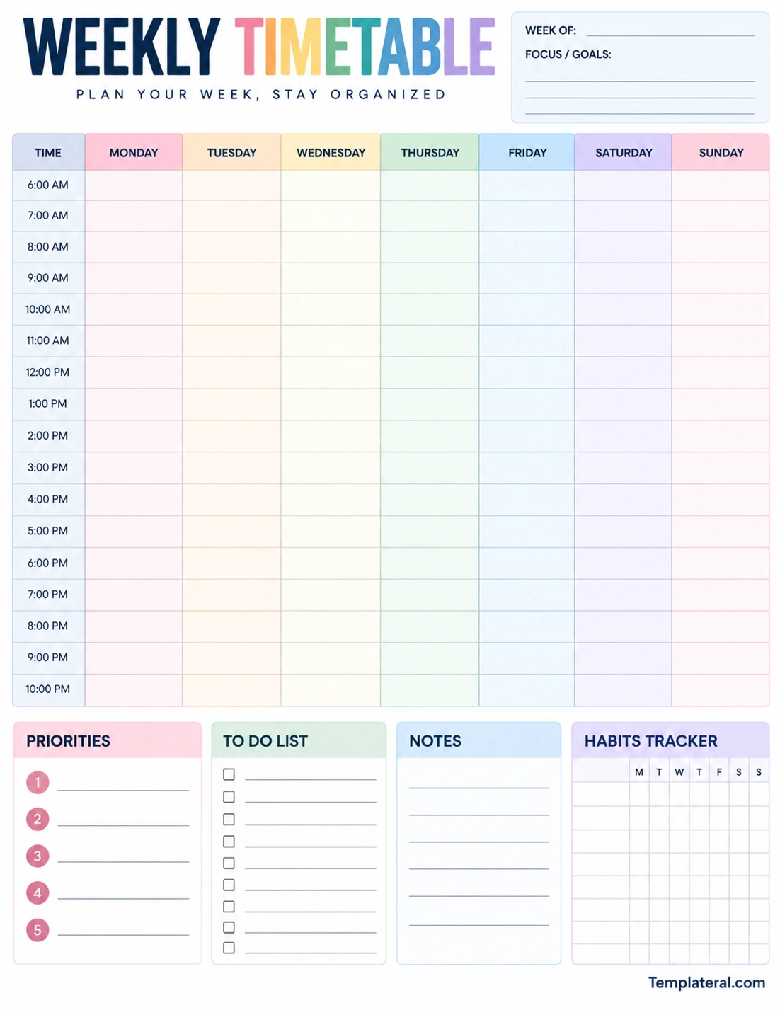 Template for Weekly Timetable Printable weekly timetable template with Monday through Sunday hourly schedule, priorities, to-do list, notes, and habit tracker