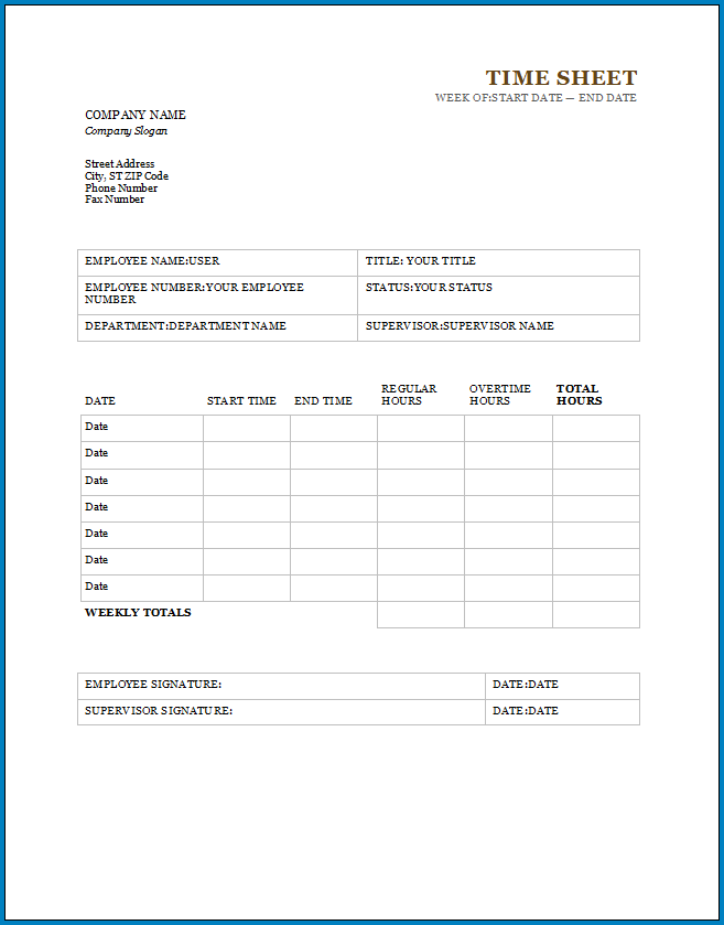 Free Printable Timesheet Template Word