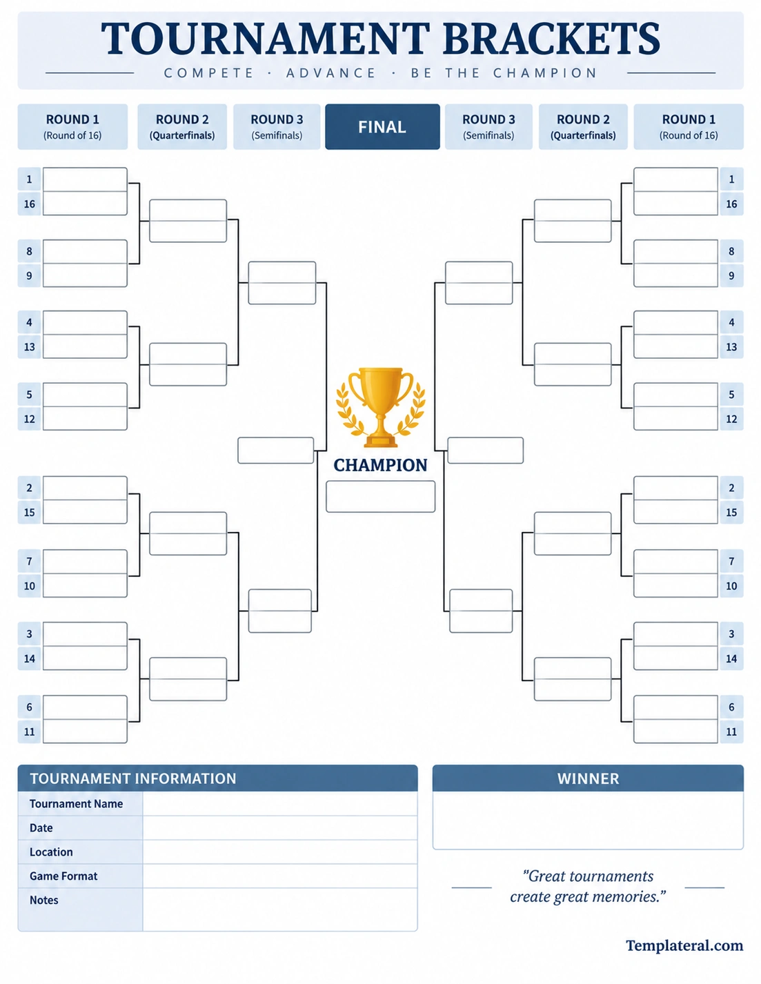 Tournament Brackets Printable tournament brackets template with rounds, team slots, final, champion, and tournament information
