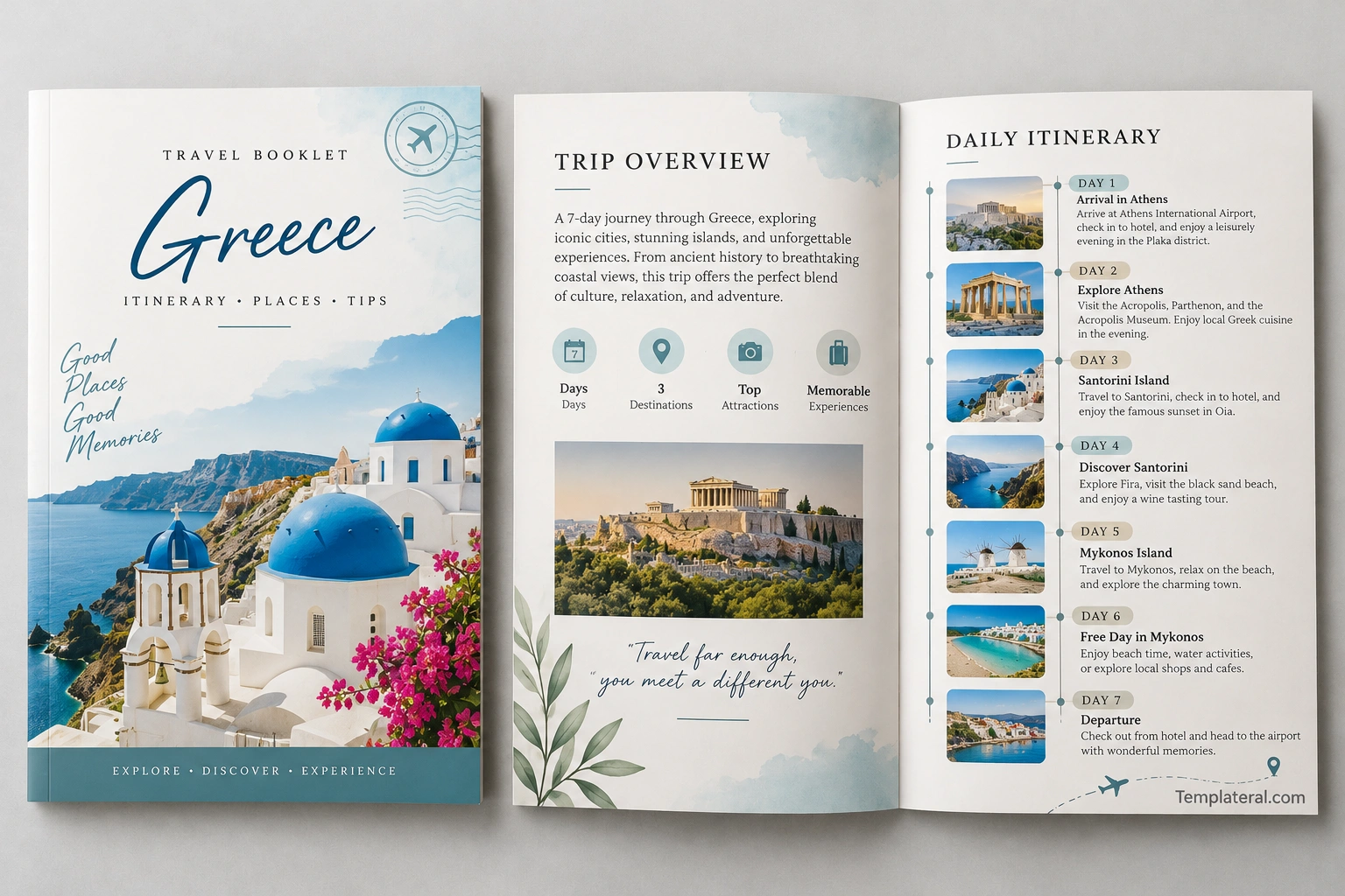 Travel Booklet Template Travel booklet sample featuring a Greece itinerary, Santorini cover, destination highlights, and daily travel plans