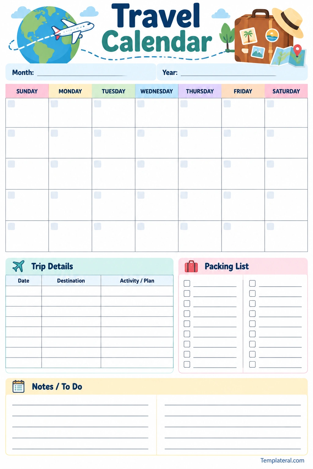 Travel Calendar Printable travel calendar template for organizing trips, activities, packing lists, and travel notes