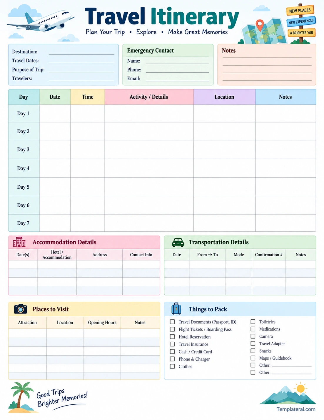 Travel Itinerary Template printable travel itinerary template with daily schedule, accommodation, transportation, places to visit, and packing checklist