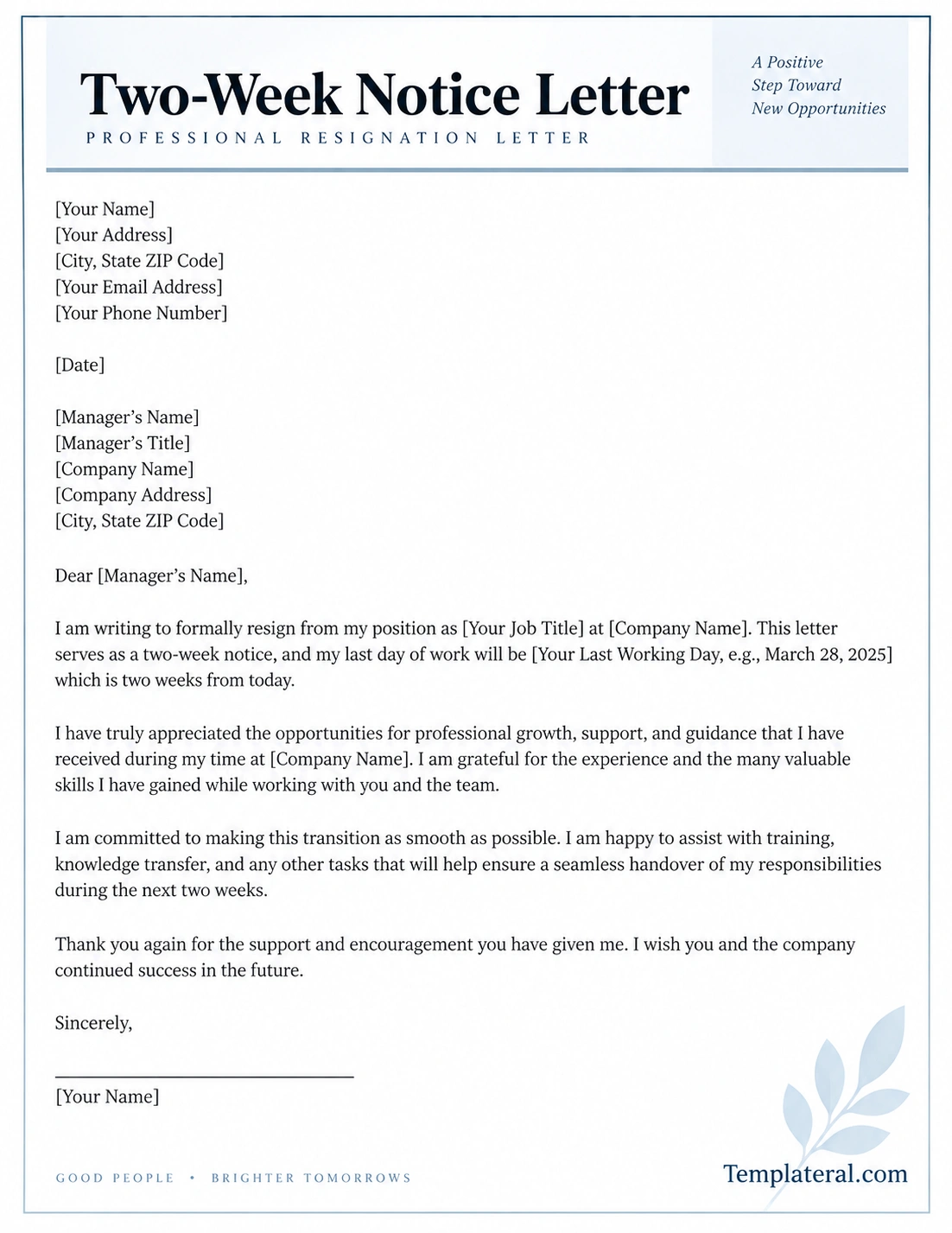 Two Week Notice Letter Template Two Week Notice Letter Template