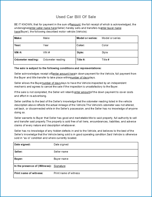  Free Printable Used Car Bill Of Sale Template Templateral
