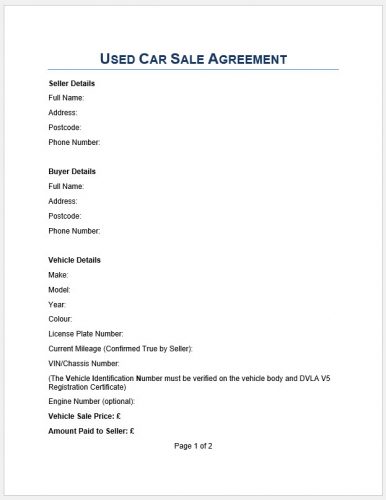 √ Free Printable Used Car Sales Agreement Template