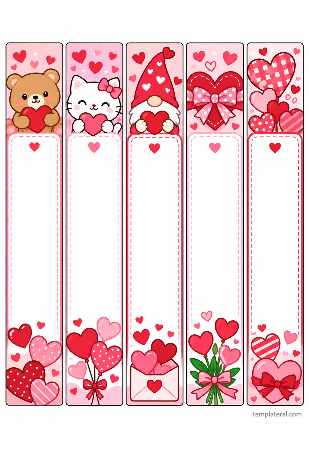 Valentine Bookmark Template Printable Valentine bookmark template with teddy bear, cat, gnome, heart and bow, and patterned heart designs