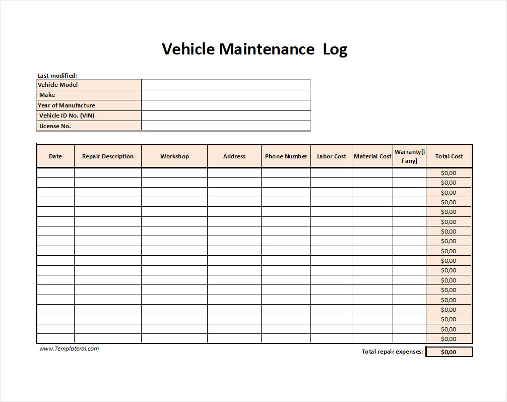 Vehicle Maintenance Log Template Vehicle Maintenance Log Template