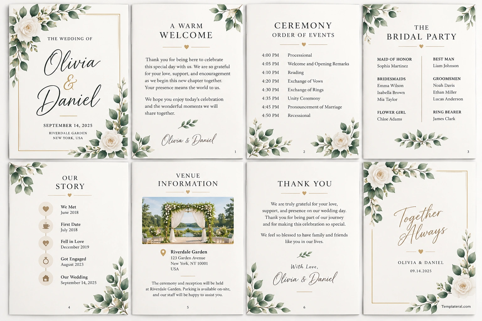 Wedding Booklet Template Elegant wedding booklet sample with a botanical cover, welcome message, ceremony program, bridal party, couple's story, venue details, and thank-you page