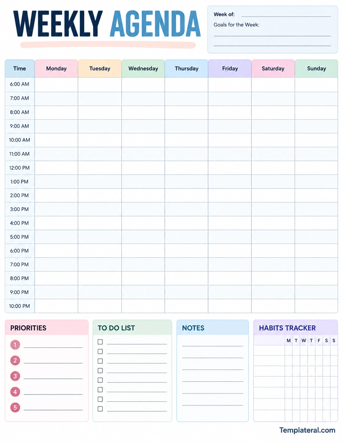 Weekly Agenda Template Printable weekly agenda template with Monday through Sunday time slots, weekly goals, priorities, to-do list, notes, and habit tracker