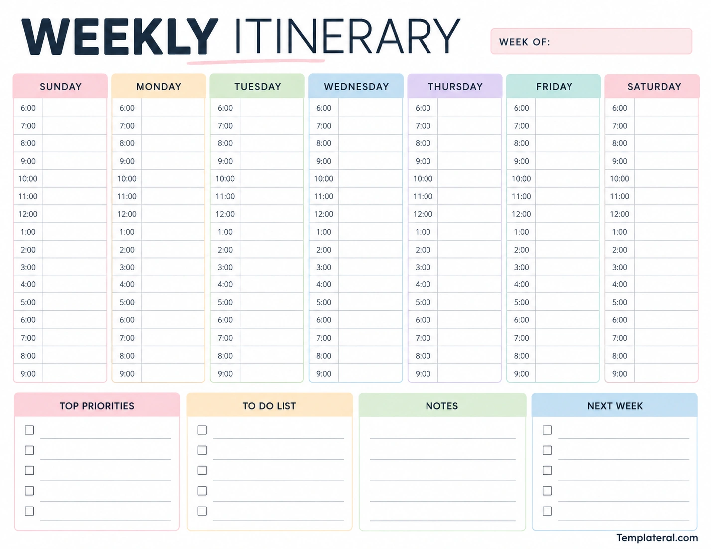 Weekly Itinerary Template Weekly itinerary template with daily time slots, priorities, to-do list, notes, and next week sections