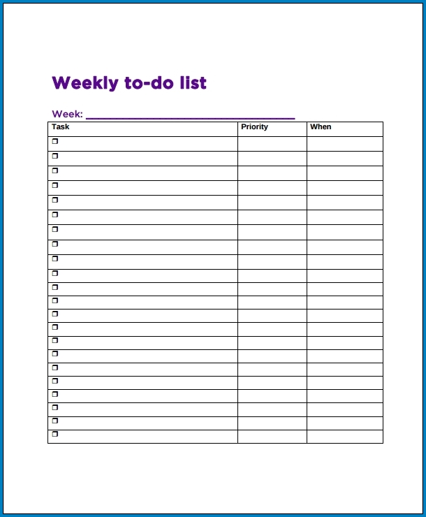 Weekly To Do List Template Example