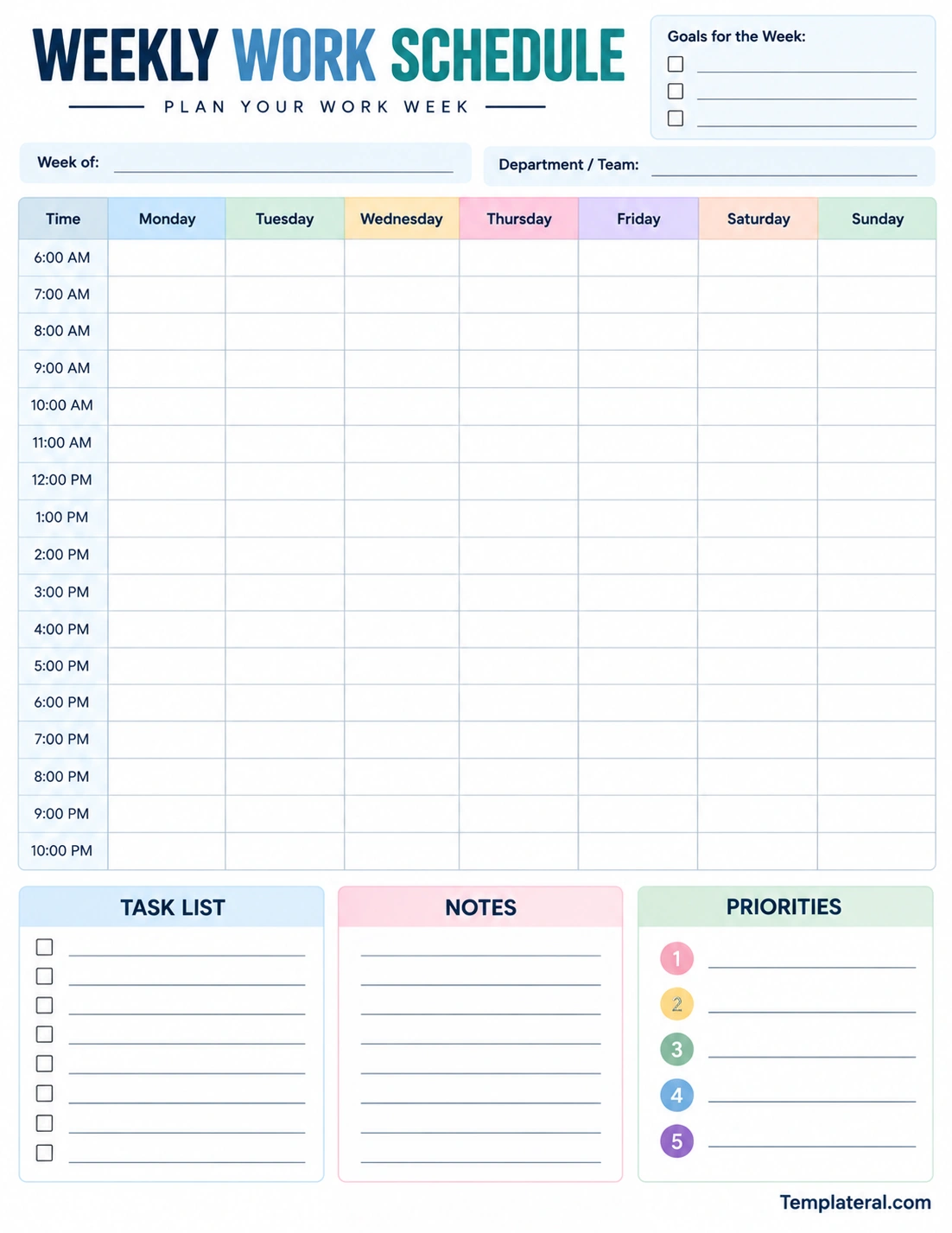 Weekly Work Schedule Template Printable weekly work schedule template with Monday through Sunday time slots, work tasks, goals, notes, and priorities