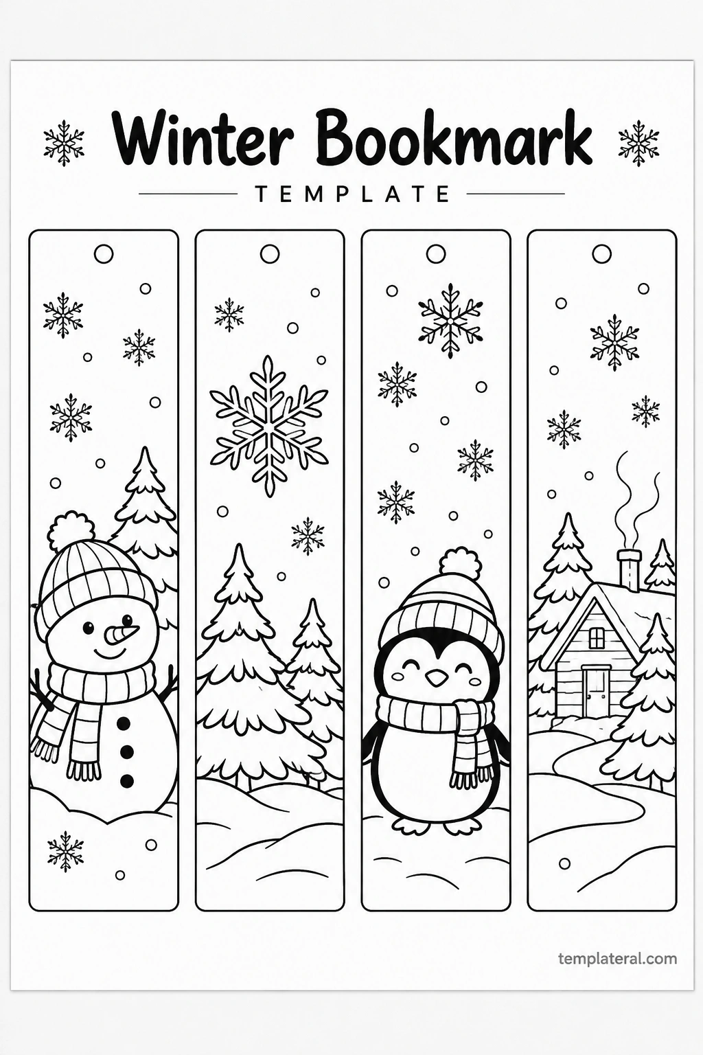 Winter Bookmark Template Printable winter bookmark template with snowflakes, a snowman, a penguin, and a snowy cabin