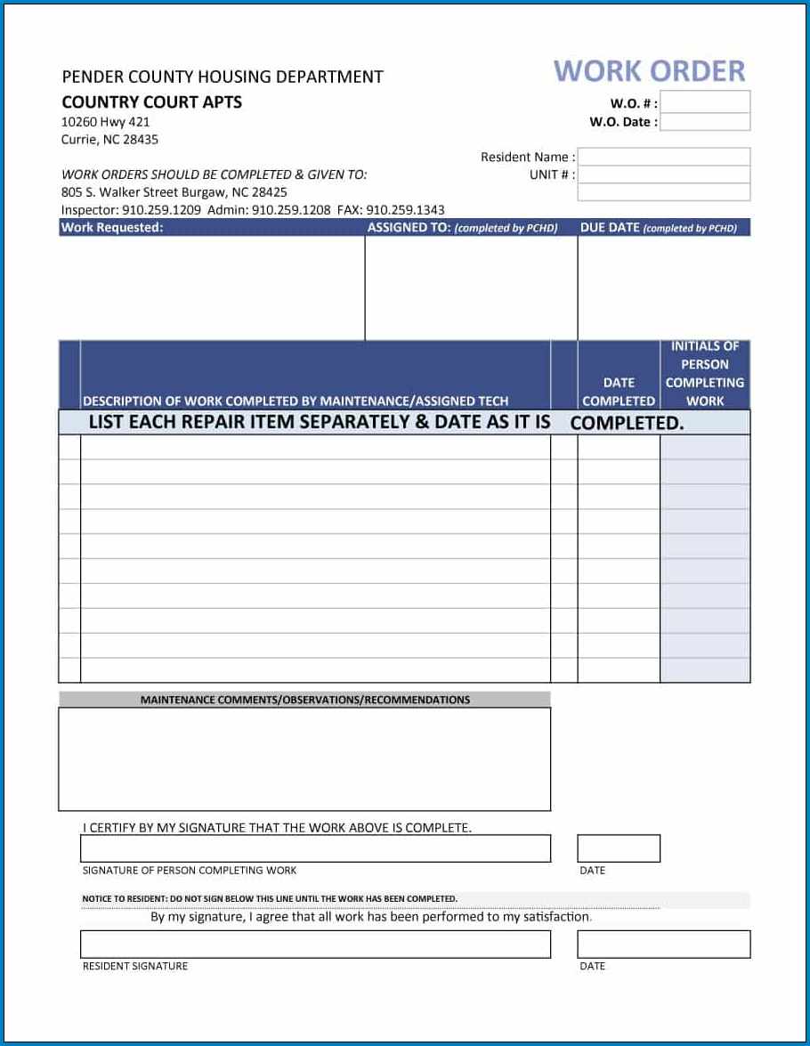 Work Order Form Example