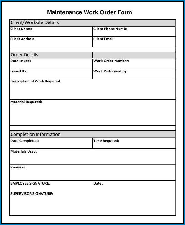 Work Order Form Sample