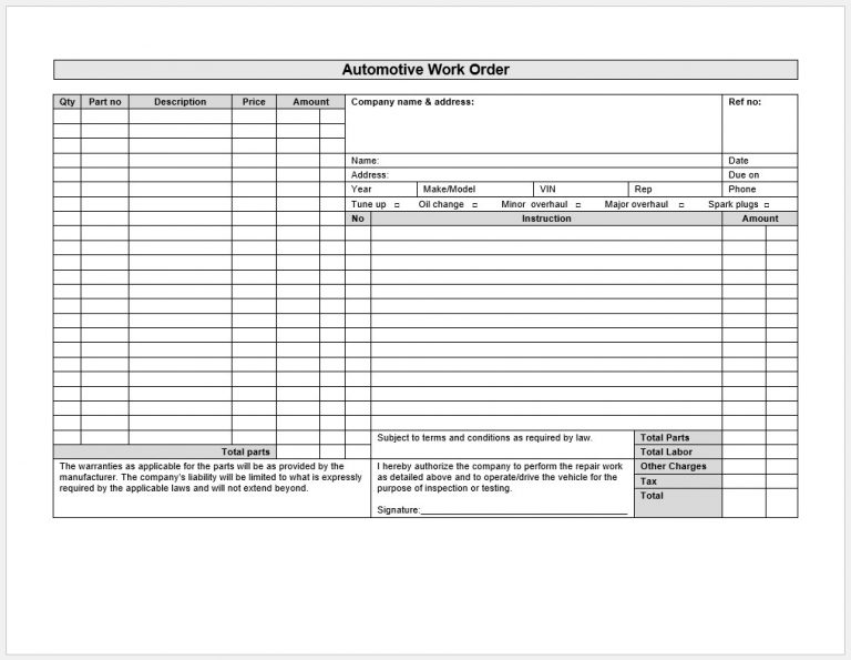 √ Free Printable Work Order Template