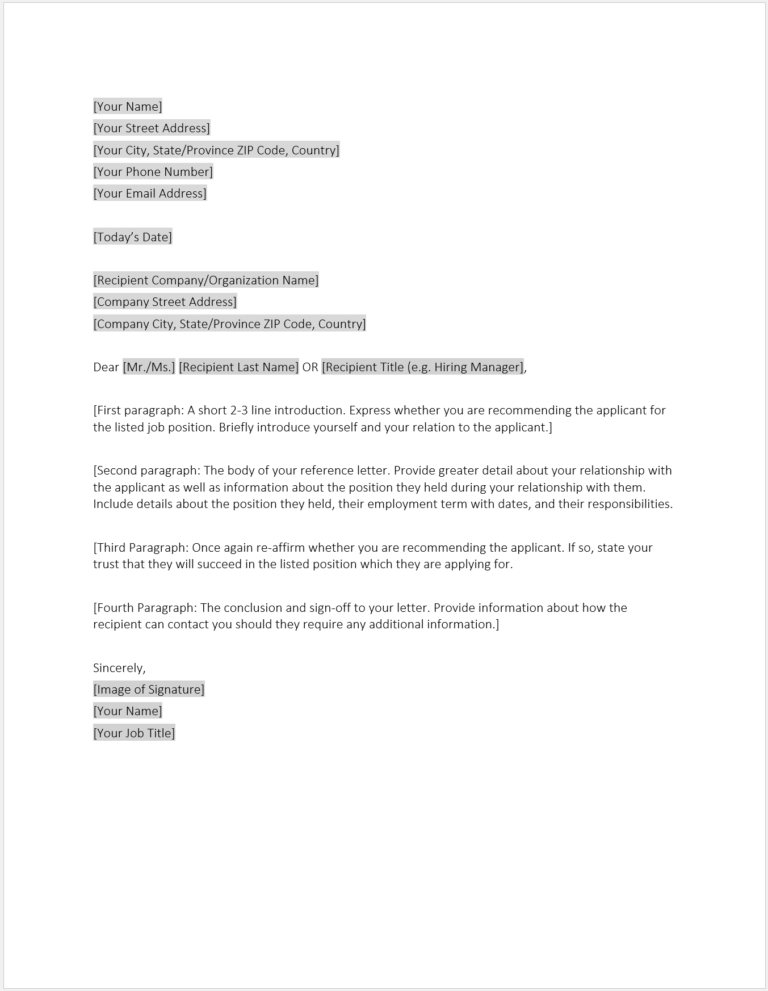 Quick Work Reference √ Work Reference Letter Template (Word)