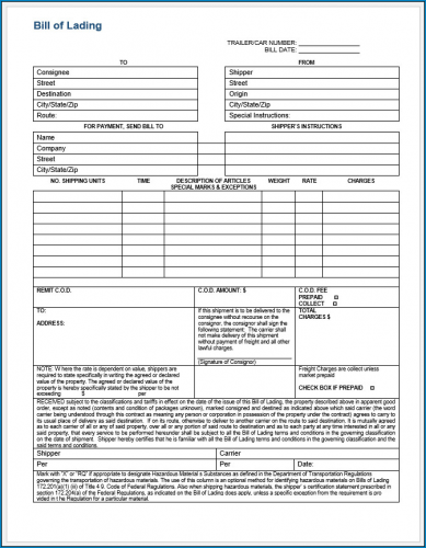 √ Free Printable Bill Of Lading Form
