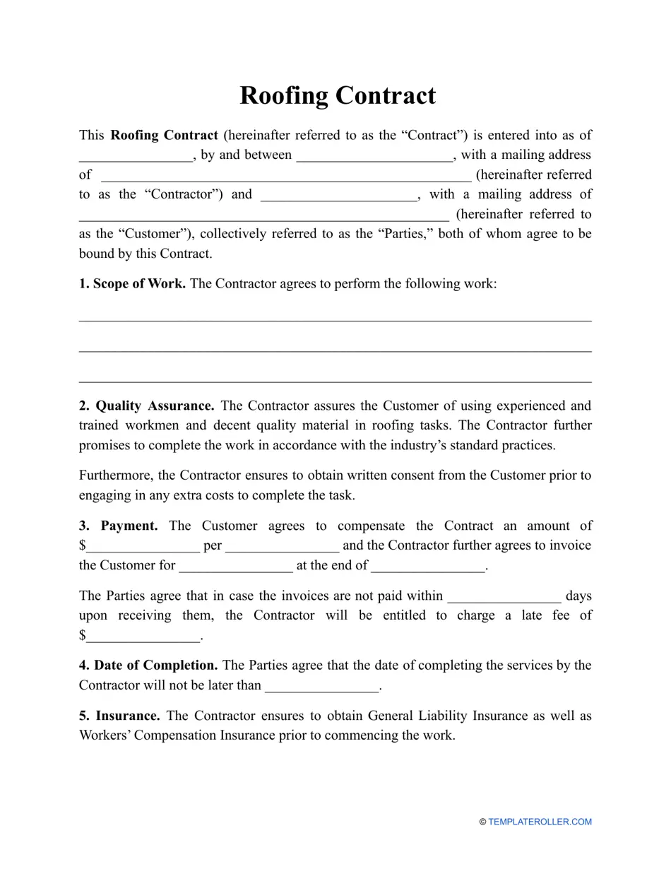 blank general roofing contract form
