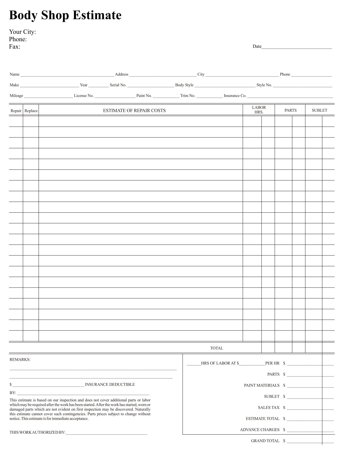 body shop estimate template example