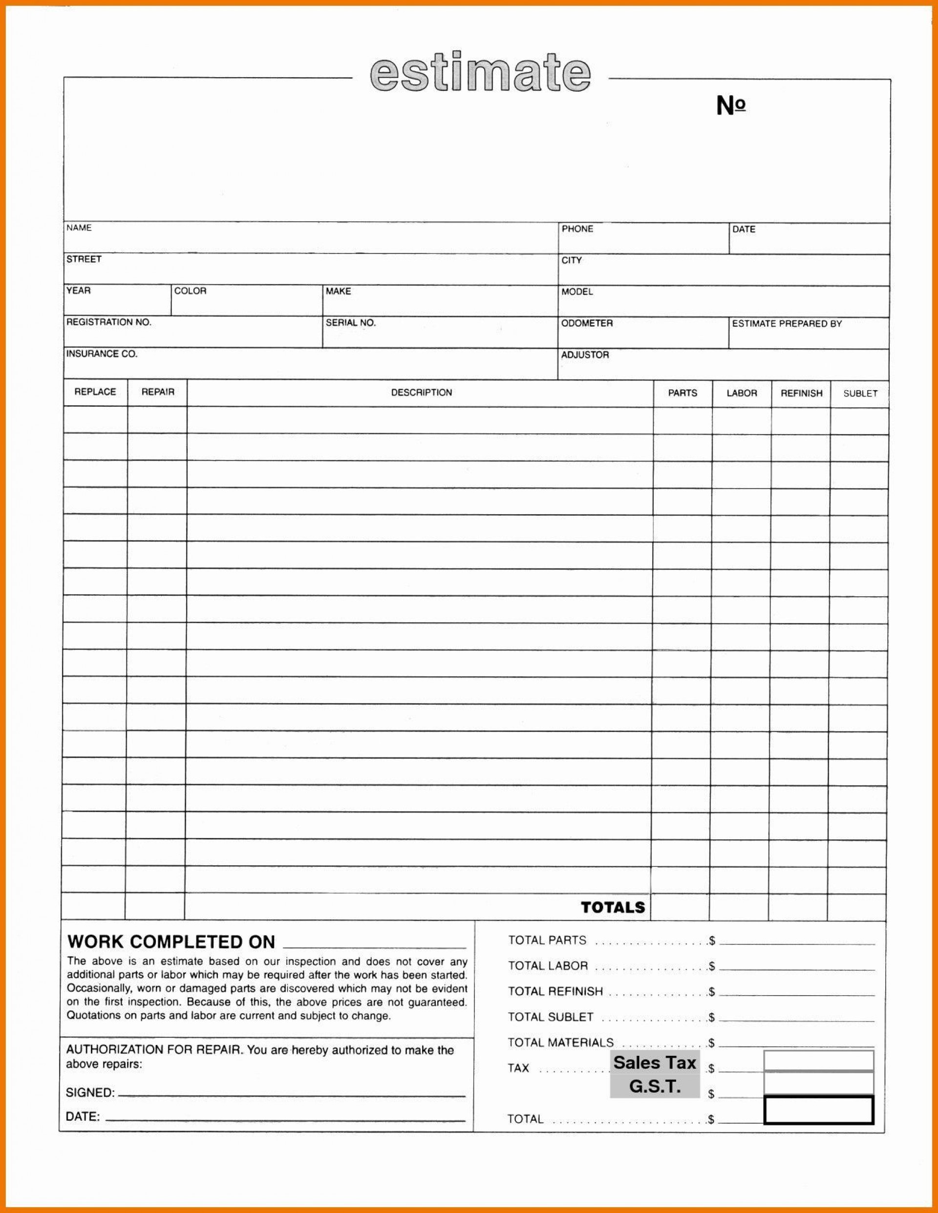 body shop estimate template sample