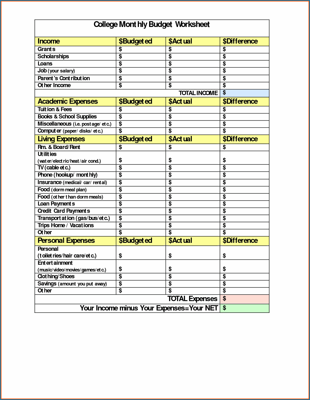 budget template for college student example