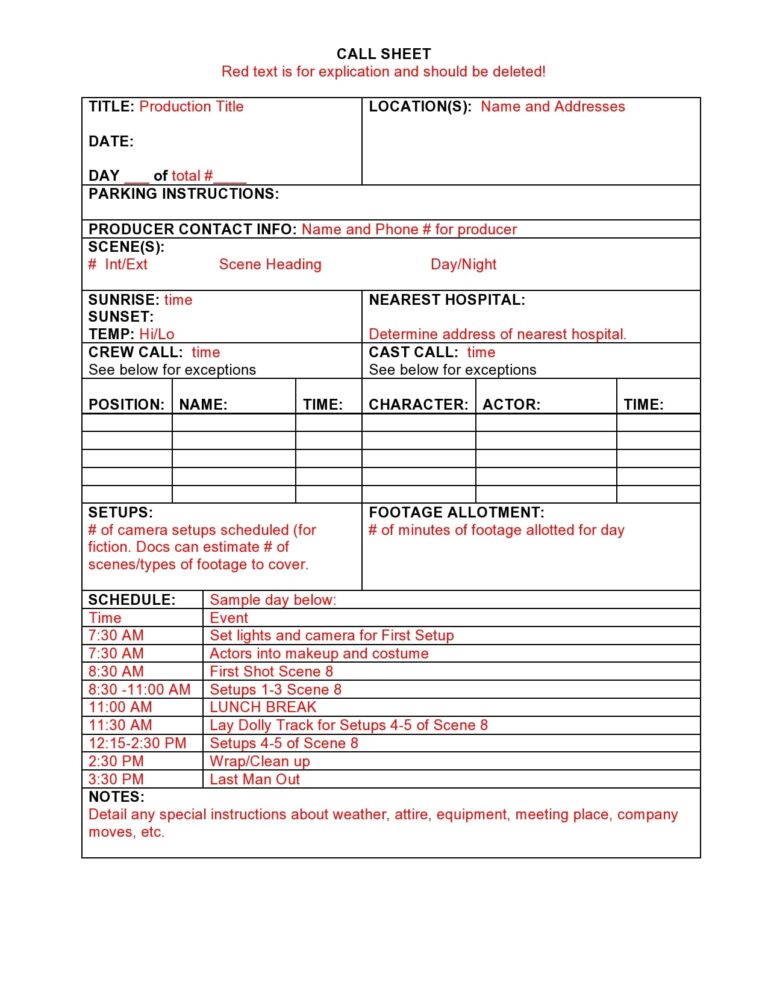 √ Free Printable Call Sheet Template (Word)