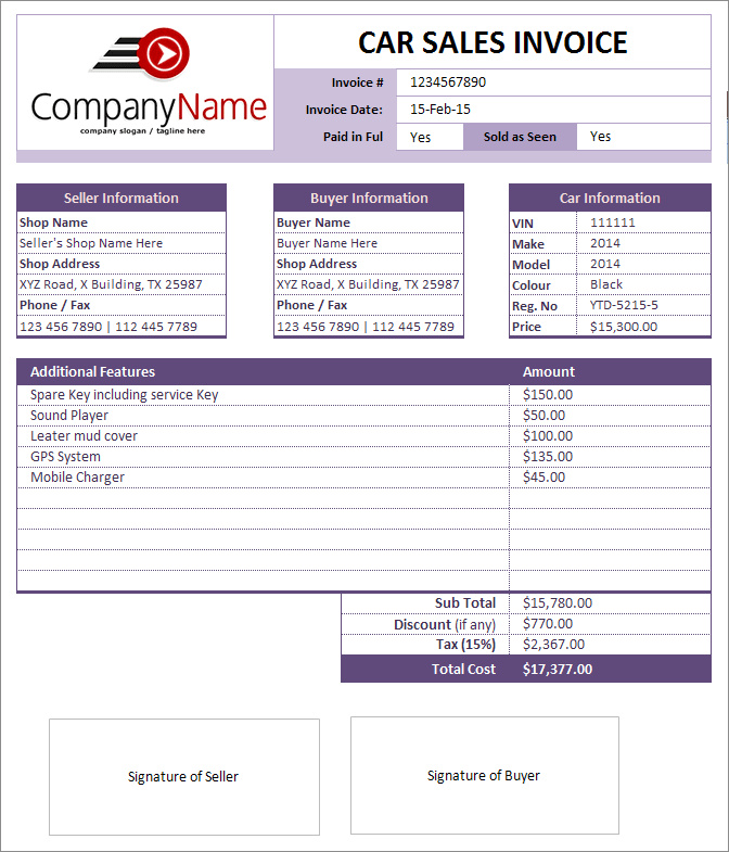 car dealer invoice template sample