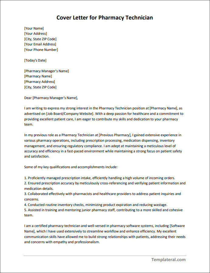Free printable cover letter for pharmacy technician template with customizable sections