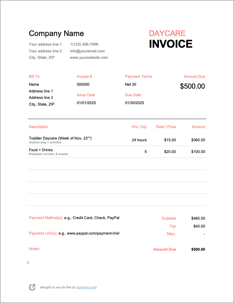 daycare invoice template example