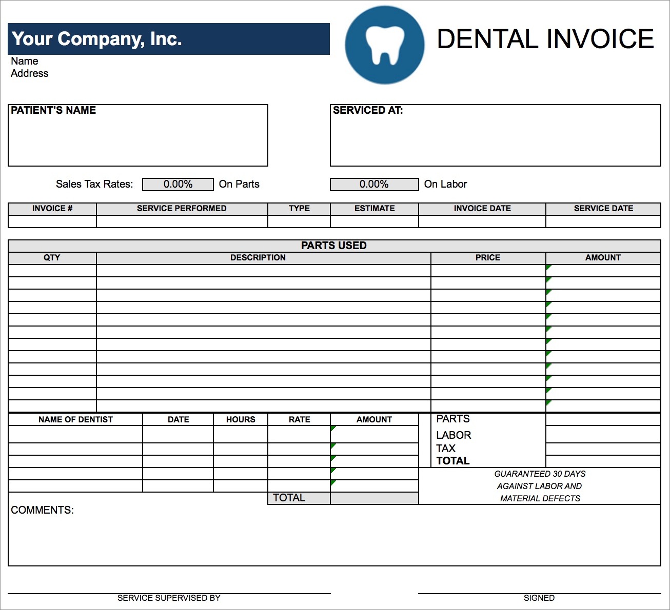 dental invoice template sample