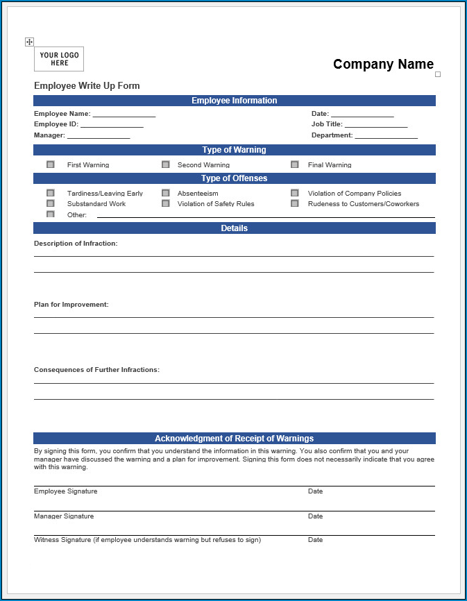 Free Printable Employee Write Up Form