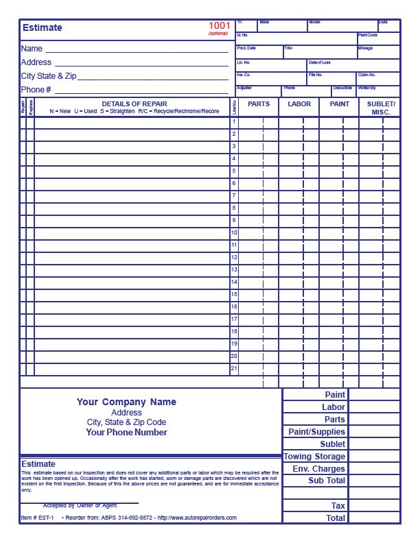 example of body shop estimate template