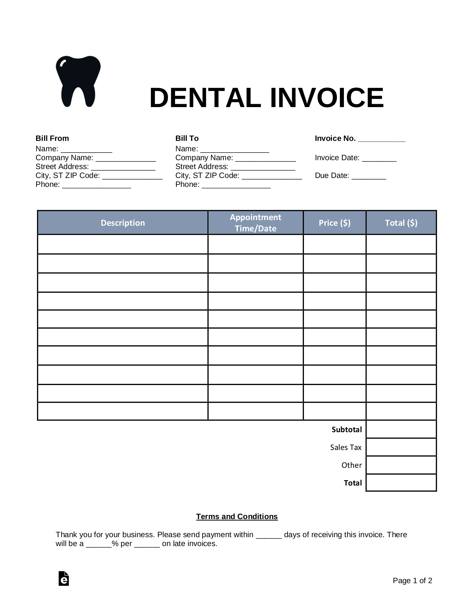 example of dental invoice template