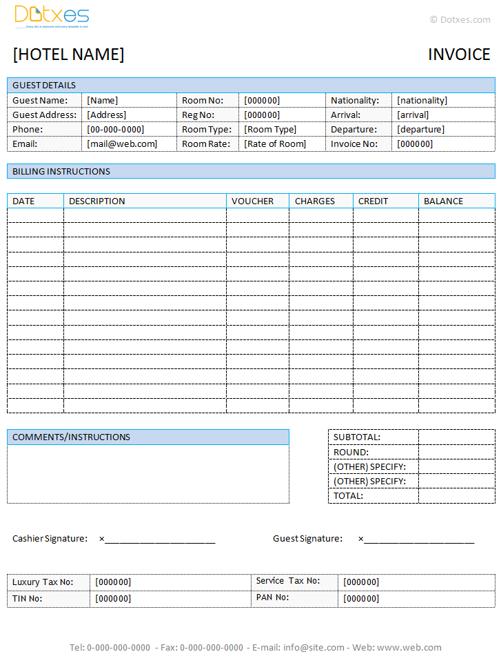 example of hotel invoice template