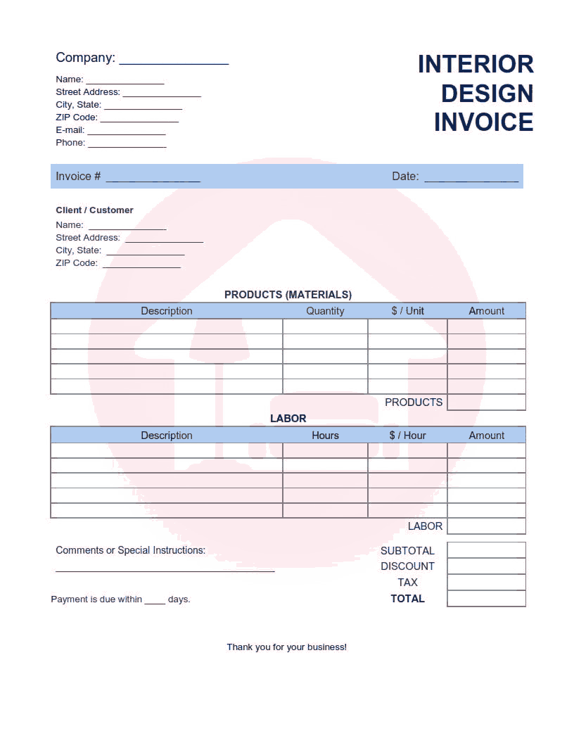 example of interior design invoice template