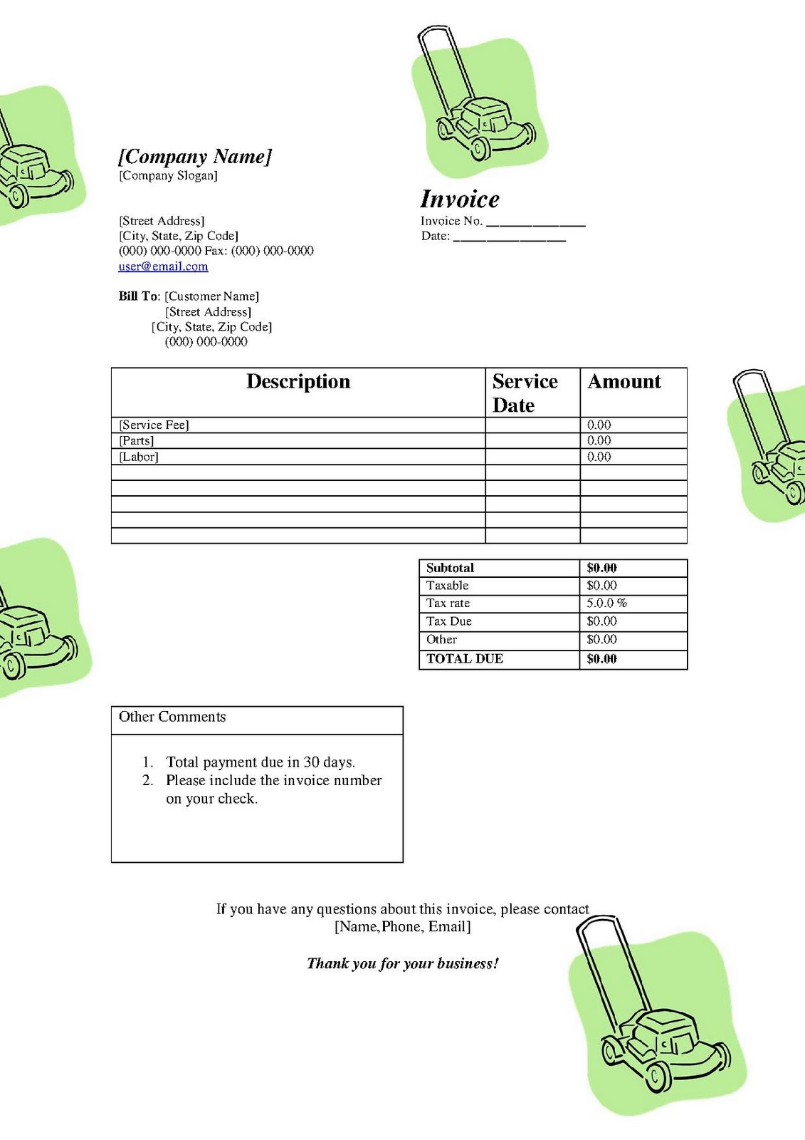 example of invoice template for lawn services