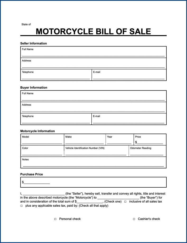 example of motorcycle bill of sale template