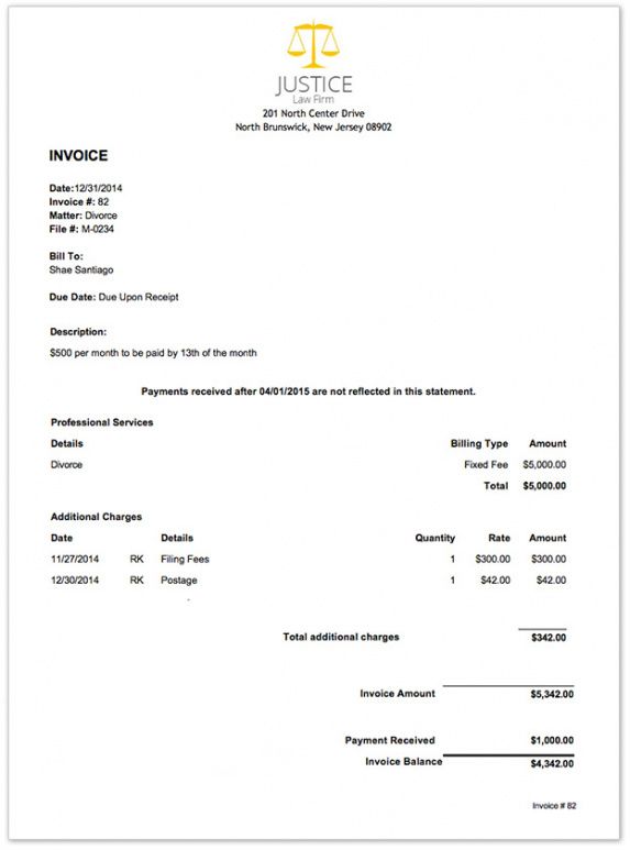 example of printable law invoice template
