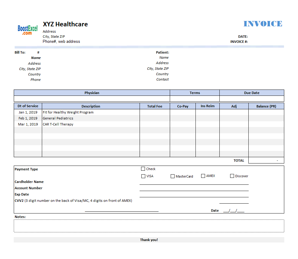 example of printable medical invoice template