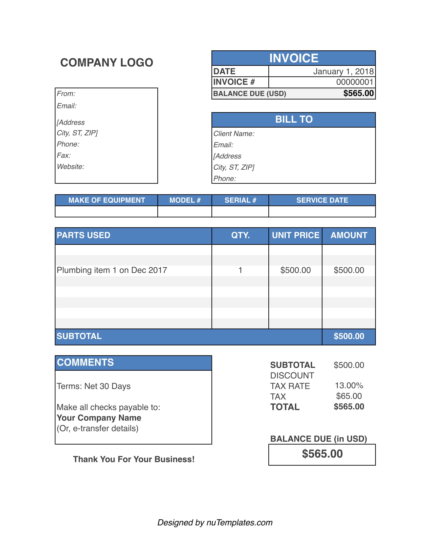 example of printable plumbing invoice template