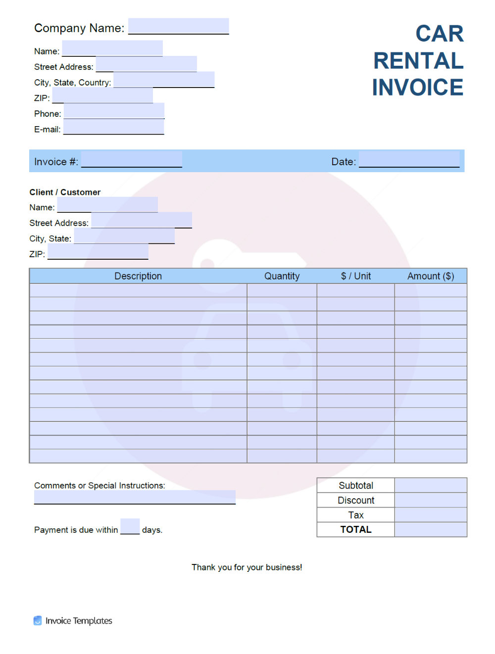 example of rent a car invoice template