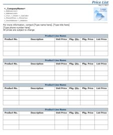 free printable price list template