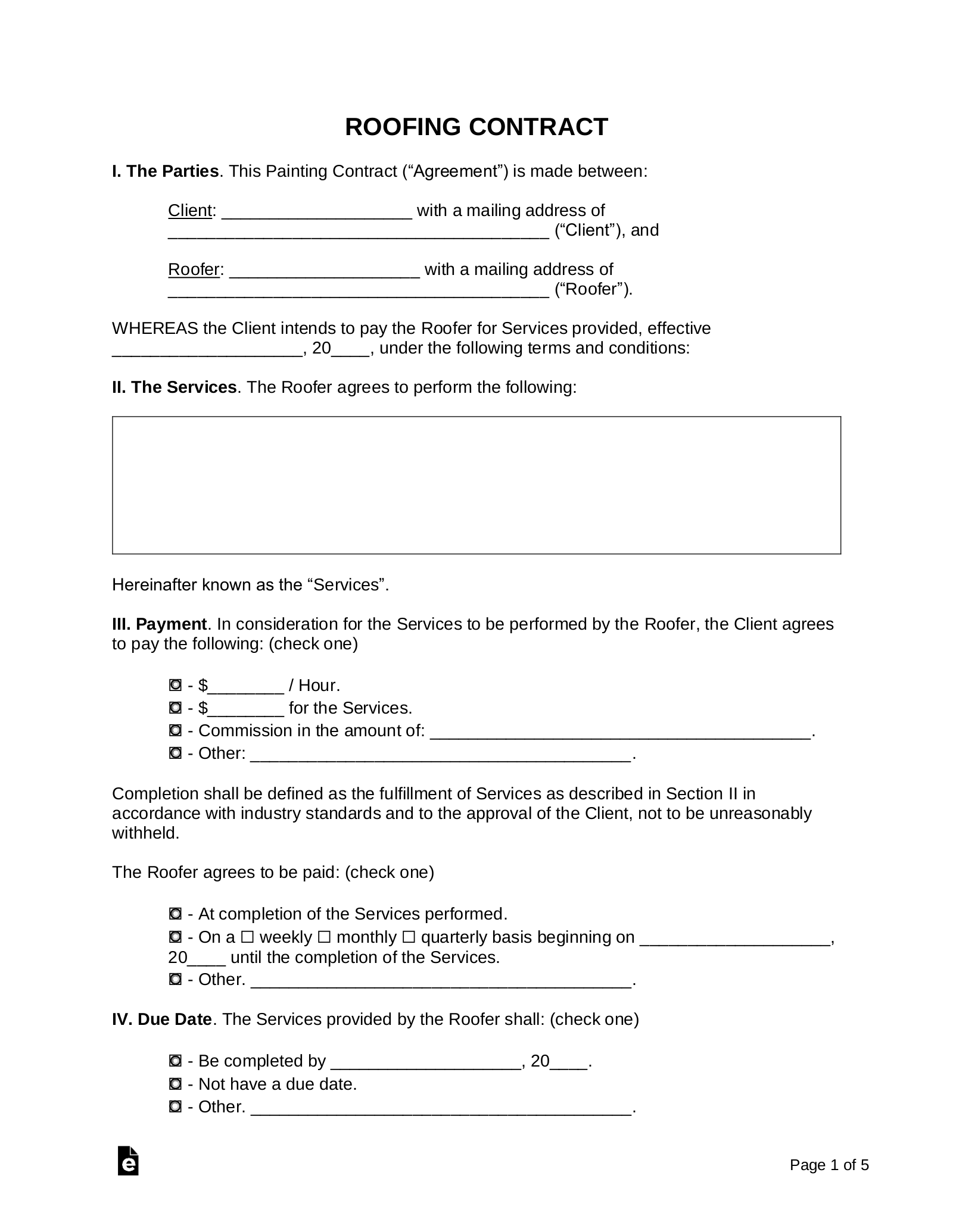 free printable roofing contract