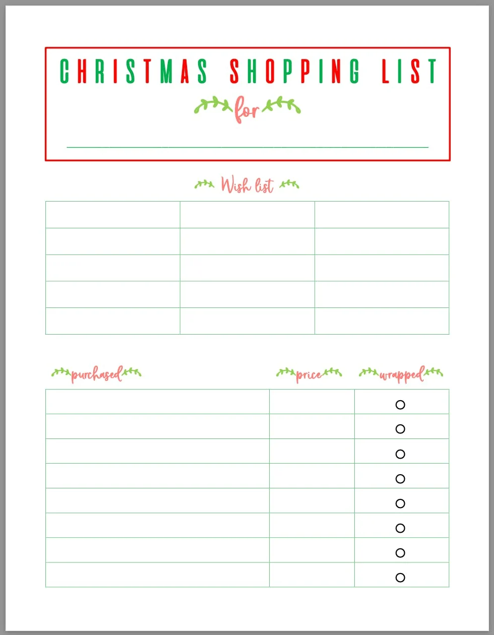 holiday shopping checklist template