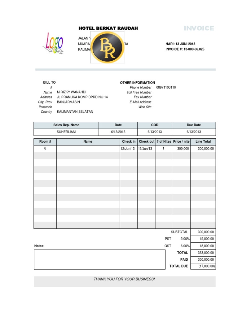 hotel invoice template sample