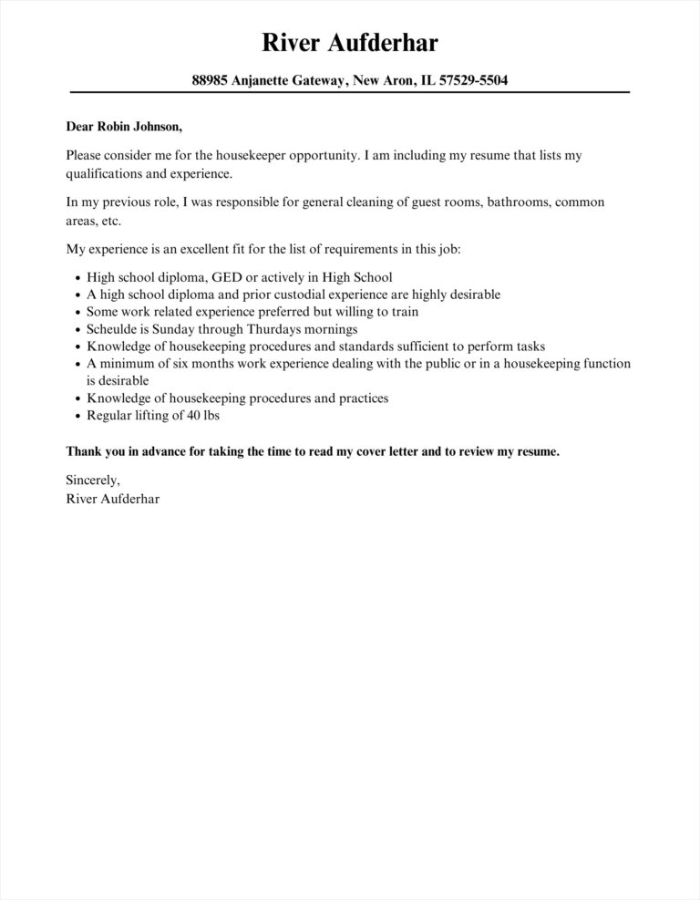 √ Free Printable Housekeeper Cover Letter Template